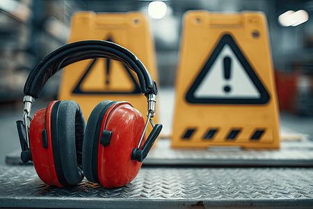 In einer Industriehalle liegt Kapselgehörschutz auf einem Metalltisch, im Hintergrund gelbe Sicherheitsbaken